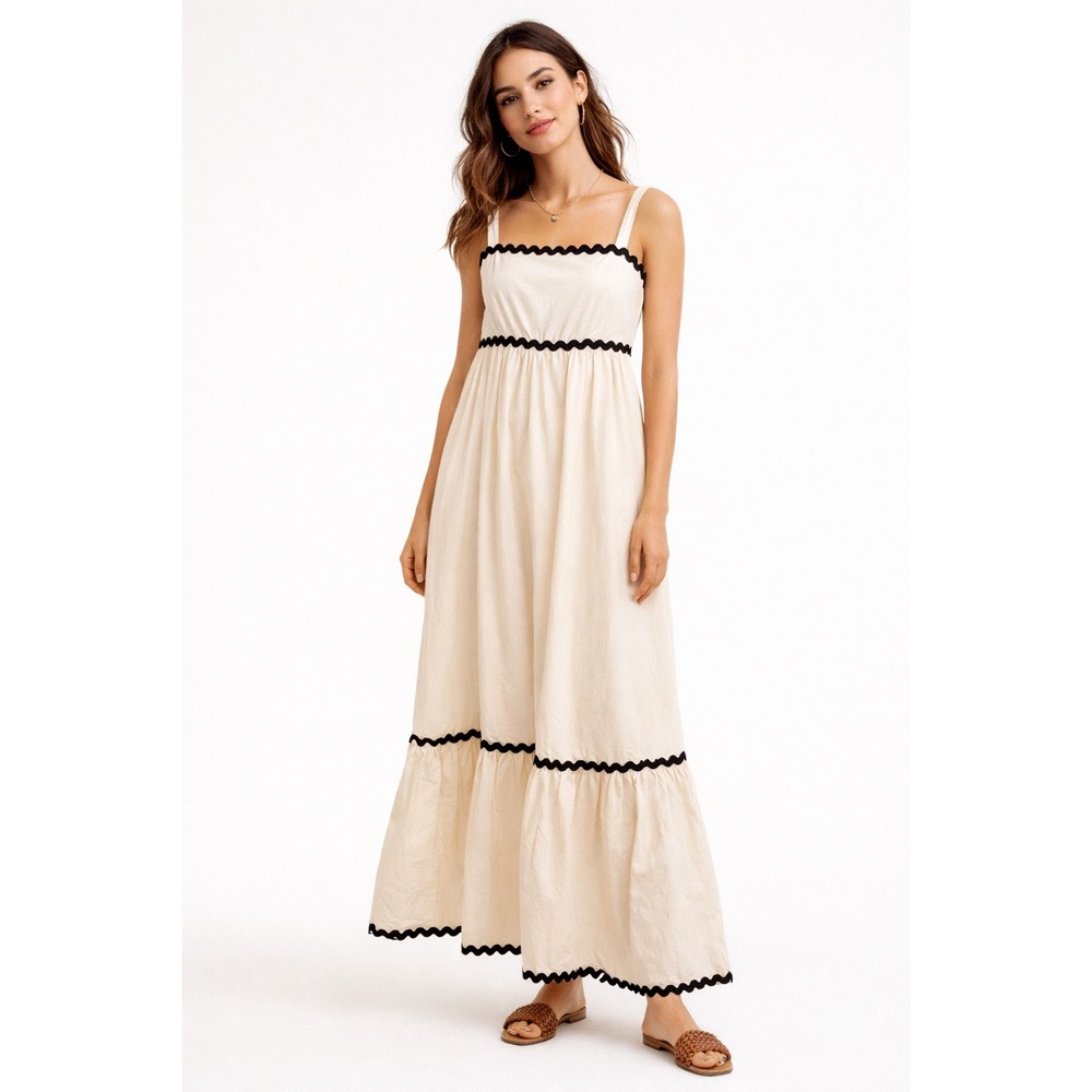 Skies Are Blue Cream Maxi Dress with Black Trim NWT
